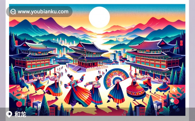 前景扇子舞和鼓舞，和龍市山脈背景下的朝鮮族風(fēng)情建筑 - 現(xiàn)代風(fēng)格郵明信片