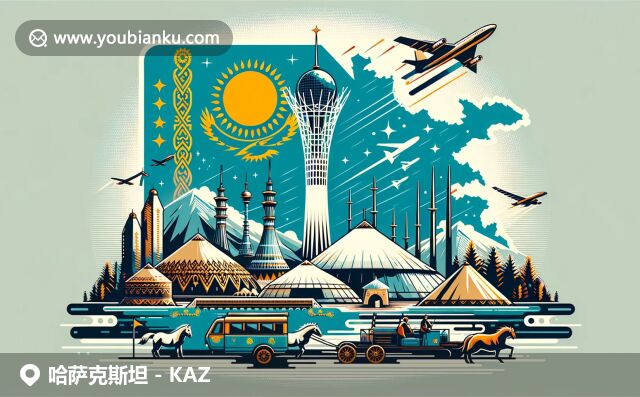 現(xiàn)代插畫(huà)風(fēng)格展現(xiàn)哈薩克斯坦豐富文化，國(guó)旗、地標(biāo)、傳統(tǒng)氈房及草原馬融合于航空郵件信封