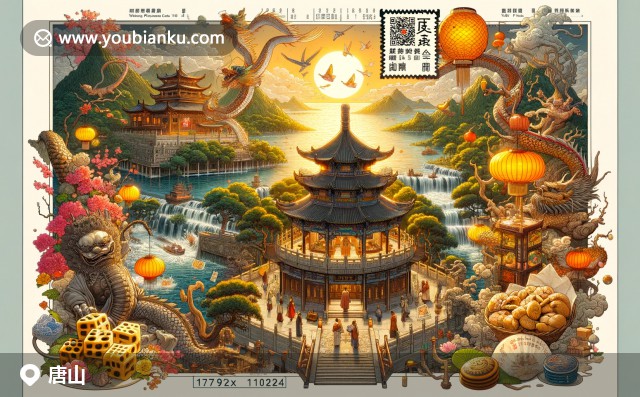 唐山城市特色與文化底蘊(yùn)相結(jié)合，展現(xiàn)南湖公園生態(tài)、云鳳島戲劇、菩提島佛教和地方美食，融入郵政元素