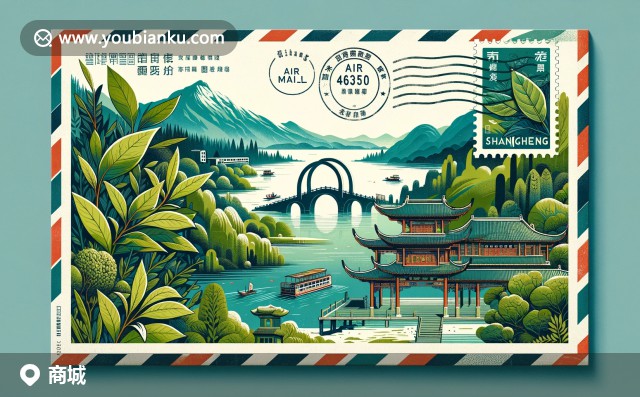 南灣湖與大別山茶園的美麗交融，商城縣古老的拱橋與航空信封郵票的創(chuàng)意設(shè)計(jì)