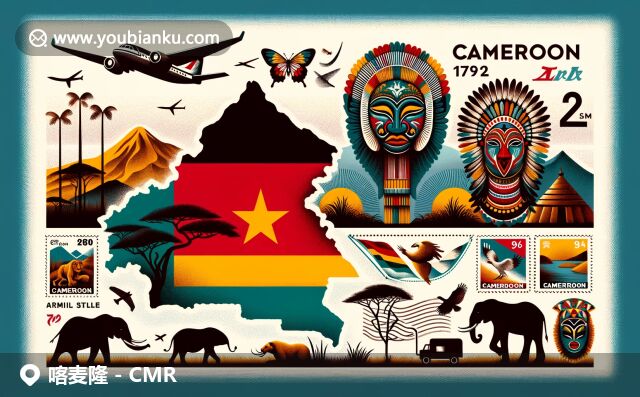 喀麥隆地理和郵政特征的現(xiàn)代插圖，展現(xiàn)國家輪廓、火山、面具和野生動物，融入郵政元素
