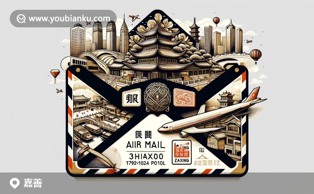 創(chuàng)意郵票圖案 - 浙江嘉興嘉善，大運(yùn)河、秀真寺與特色嘉興粽子的組合，郵政編碼314100