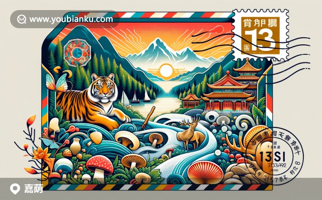 郵政信封上的嘉蔭風(fēng)景，伊春林都森林公園，西伯利亞虎及豐富蘑菇的現(xiàn)代藝術(shù)呈現(xiàn)