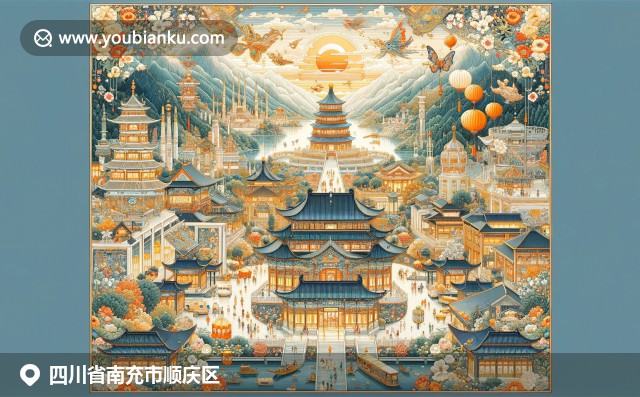 四川南充文化街景，融合蜀繡、北碚山和辣子雞塊元素，展現(xiàn)地域文化與美食風味