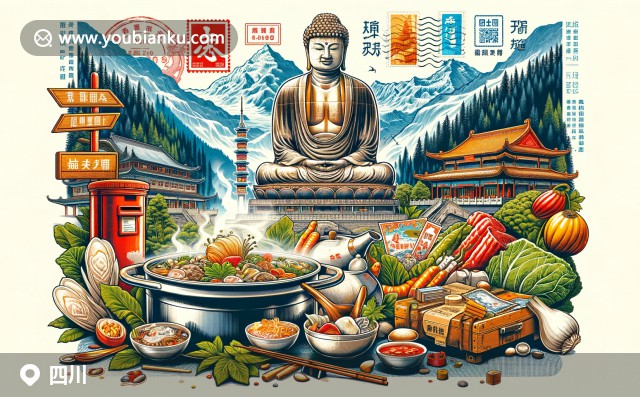 四川文化與郵政元素完美融合，展現(xiàn)九寨溝風(fēng)景、大熊貓和火鍋等特色元素，傳達(dá)郵政傳遞信息的獨(dú)特魅力