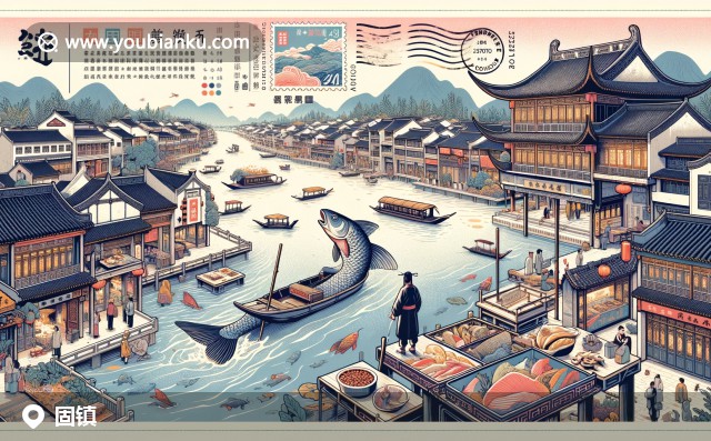 淮河美景、特色魚(yú)類(lèi)與傳統(tǒng)建筑組成的固鎮(zhèn)縣郵票插畫(huà)，展現(xiàn)飲食文化與歷史遺產(chǎn)