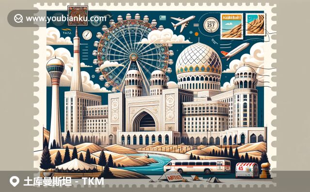 土庫曼斯坦地理文化與郵政元素完美融合，展現(xiàn)阿什哈巴德建筑、地毯和沙漠，描繪明信片與郵票