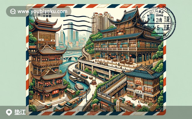 墊江縣特色辣椒與仙女山風(fēng)光的航空信封郵票設(shè)計(jì)，展示郵政編碼的創(chuàng)意地圖