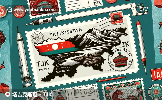 現(xiàn)代風(fēng)格詮釋塔吉克斯坦郵政網(wǎng)頁特色，塔吉克斯坦地圖輪廓蘊(yùn)涵帕米爾高原或伊斯坎德爾庫勒湖，傳統(tǒng)帽飾、國旗色彩與郵政元素巧妙融合