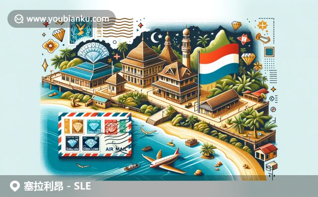 展現(xiàn)塞拉利昂豐富文化與郵政特色，描繪多彩郵票、郵戳與傳統(tǒng)建筑
