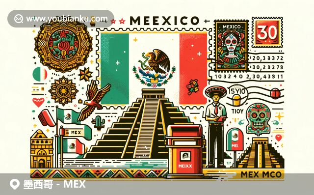 墨西哥國旗、奇琴伊察金字塔和亡靈節(jié)文化元素，與郵政編碼和特色郵筒的結(jié)合展現(xiàn)墨西哥特色