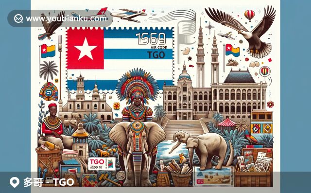 多哥地標(biāo)、面具、野生動(dòng)物和航空郵政元素，展現(xiàn)多元文化與自然風(fēng)光