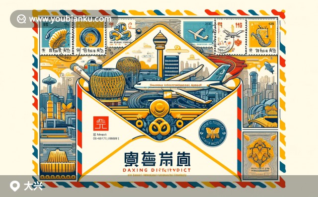 大興區(qū)特色插畫：世園會(huì)建筑、大興機(jī)場(chǎng)與京劇臉譜的郵票風(fēng)格藝術(shù)明信片