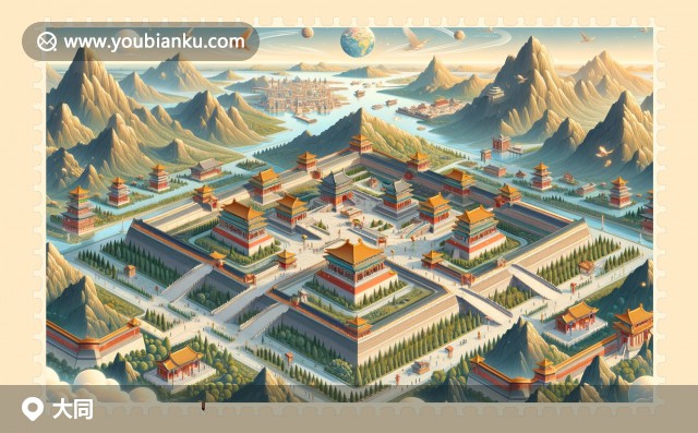 大同地標(biāo)建筑與郵政元素的現(xiàn)代描繪，展現(xiàn)城市文化與傳統(tǒng)與現(xiàn)代融合之美