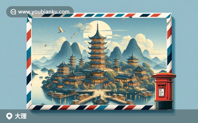 插圖：大理的自然與文化特色，包含三塔、蒼山、洱海郵票郵戳元素