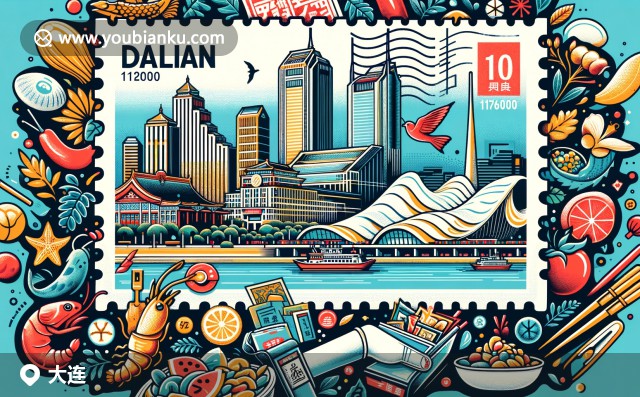 大連海洋資源與郵政元素的完美融合，展現(xiàn)星海廣場夜景和中國特色郵票