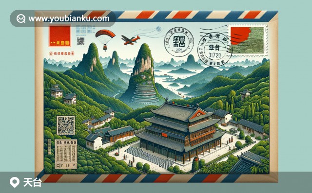 創(chuàng)意插畫：天臺山、國清寺郵票下的現(xiàn)代與傳統(tǒng)交融的浙江省天臺縣風(fēng)貌