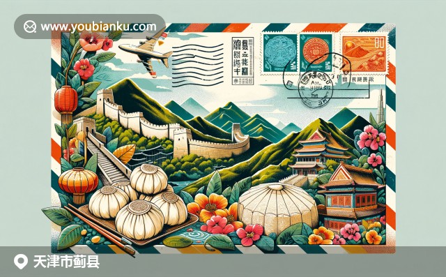 天津薊縣獨特文化和歷史景觀展示：黃崖關(guān)長城、盤山風(fēng)景區(qū)和傳統(tǒng)粽子，融入航空郵件元素