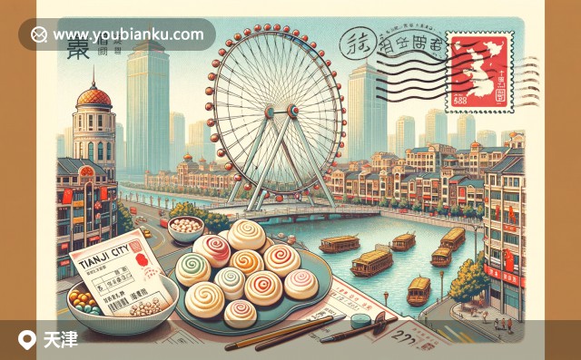 展現(xiàn)天津地域特色與郵政元素，橋梁、郵票與楊柳青年畫交融