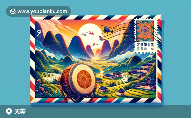航空郵件信封上的天等縣標(biāo)志：銅鼓、喀斯特地貌與梯田，郵編532800