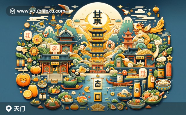 湖北天門市地域文化與郵政特色的現(xiàn)代插畫，展示天門鍋盔、捆蹄和明信片，突出茶圣陸羽故里文化