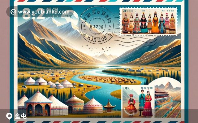 新疆伊犁奎屯河風光、葡萄園郵票郵戳與航空信封 - 顯示郵政編碼833200的創(chuàng)意設計