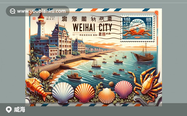 威海文化與自然景觀的完美融合，展現(xiàn)環(huán)翠樓、成山頭景區(qū)和當(dāng)?shù)靥厣ｕr蝦醬，融入航空郵件元素