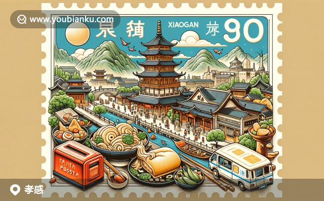 湖北孝感文化與郵政元素融合：航空信封上繪有天紫湖、孝感米酒和孝感麻糖，中國郵票與郵戳標(biāo)注“孝感”郵政編碼