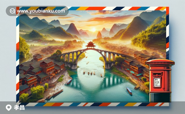 湖北孝昌縣郵票插圖：紅色古橋、綠色竹林和特色魚丸，展示郵政編碼432900的地域風(fēng)情