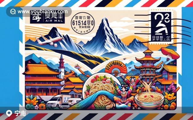 寧南縣特色插畫：羅吉山郵票，彝族舞蹈與彩色蕎麥面設(shè)計(jì)的航空郵件信封