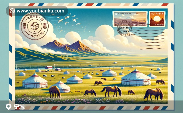 內(nèi)蒙古赤峰寧城縣特色明信片 - 霍爾奇草原，蒙古包與馬群，赤峰紅山郵票