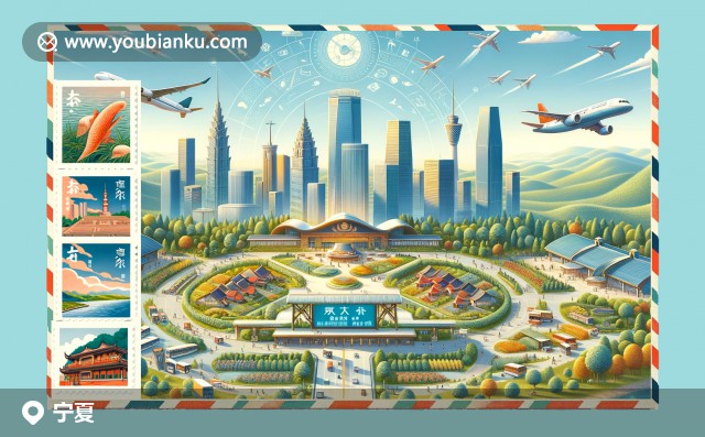 展現(xiàn)寧夏風(fēng)光和郵政元素結(jié)合，賀蘭山、葡萄園和枸杞田在航空信封上，銀川西夏王陵和沙坡頭郵票展示歷史文化和自然景觀