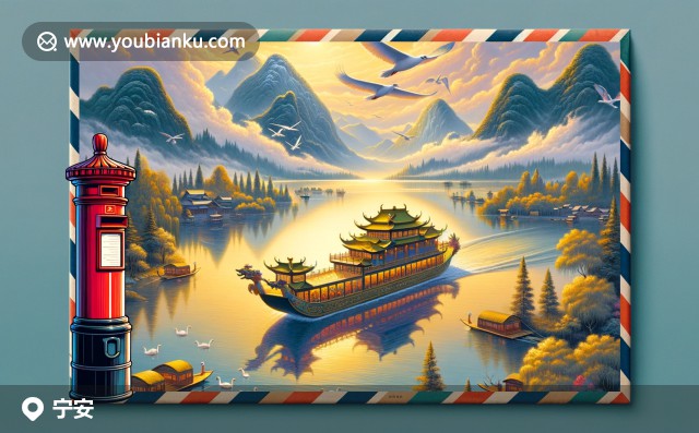 裝飾有吉祥圖案的船只在鏡泊湖上漂浮，伴以飛翔的仙鶴，展現(xiàn)寧安市的自然生態(tài)與和諧明信片