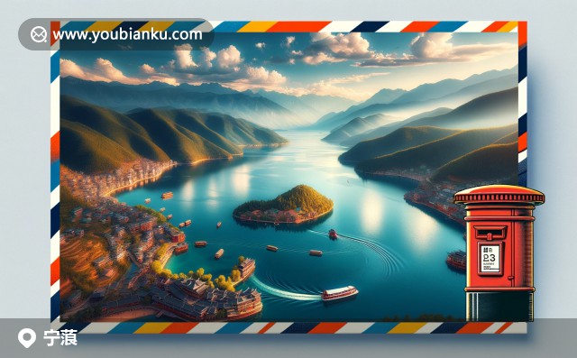 瀘沽湖全景與吊腳樓 - 寧蒗特色郵票插畫