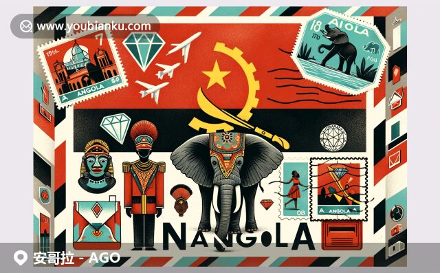 安哥拉文化與郵政主題的融合，展示黑石山、非洲象和傳統(tǒng)面具，突出鉆石和地標(biāo)符號(hào)