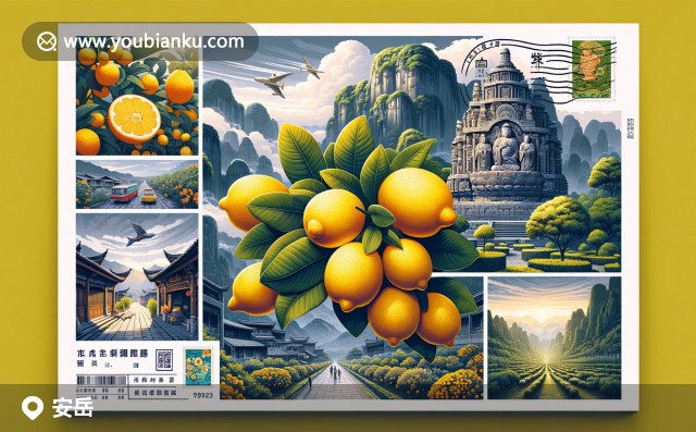 航空郵件信封設計，展示安岳檸檬、石刻與紫竹桂花巷的結(jié)合，包含中國郵戳與642350郵政編碼