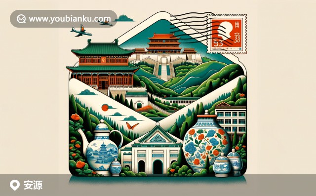 安源區(qū)郵票風(fēng)格插圖：紅軍紀(jì)念館、綠色生態(tài)與精美瓷器的融合，郵政編碼337000