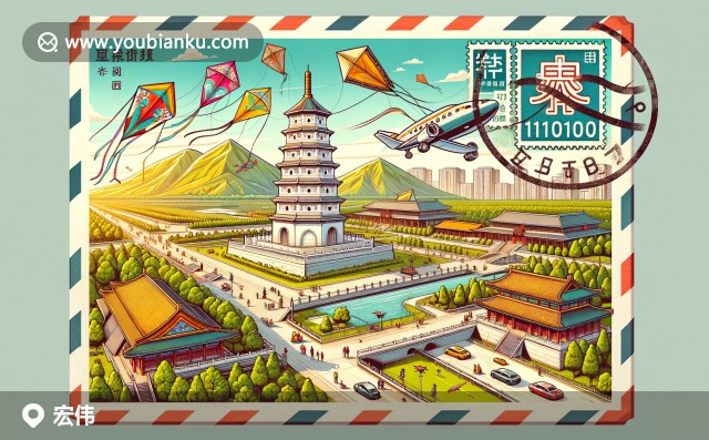 現(xiàn)代插畫風(fēng)格的遼陽白塔與傳統(tǒng)風(fēng)箏，展現(xiàn)遼陽宏偉區(qū)歷史文化與自然風(fēng)光