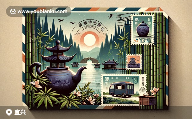 宜興紫砂壺郵票、竹林郵戳與太湖景色的郵政主題插畫
