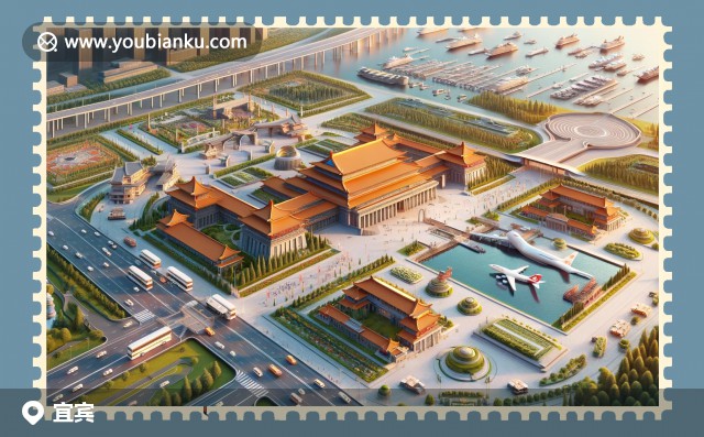 插圖：宜賓縣郵局的特色設(shè)計(jì)，展示蜀南竹海的明信片與傳統(tǒng)竹筏，現(xiàn)代插畫風(fēng)格，郵編644600