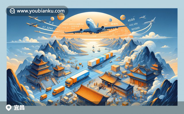 現(xiàn)代插畫展示宜昌三峽大壩、干燒銅魚等特色與航空郵政元素