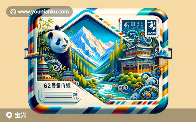 壯麗四姑娘山，大熊貓與竹林，藏羌古建筑-寶興縣特色郵編625700的現(xiàn)代趣味設(shè)計(jì)