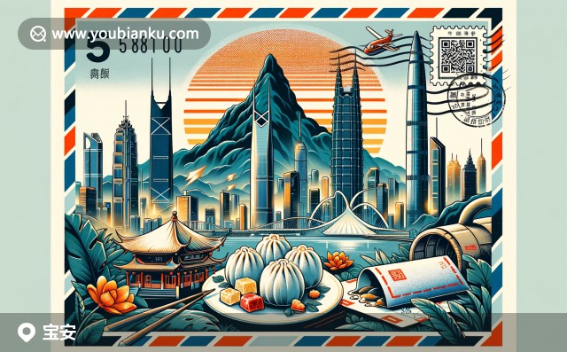 寶安標(biāo)志性景點(diǎn)鳳凰山、傳統(tǒng)粵點(diǎn)與現(xiàn)代科技郵票主題插圖，展示寶安的自然風(fēng)光、美食文化與科技力量（郵政編碼518100）