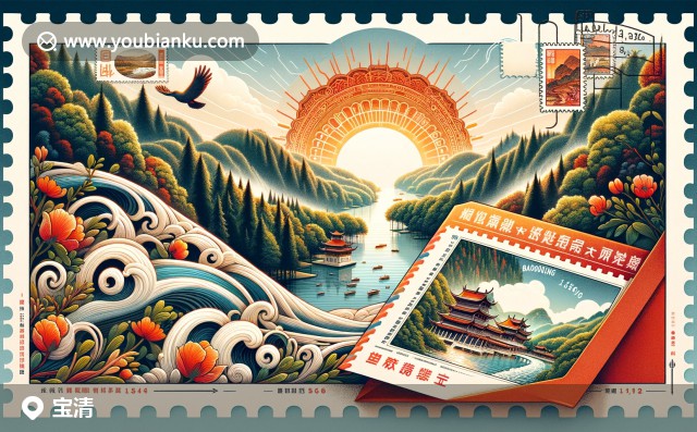 黑龍江省寶清縣郵筒插畫：綠色背景中的郵政信封與烏蘇里江景色