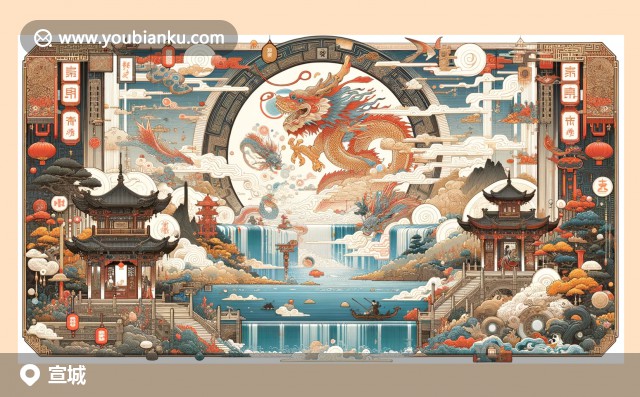 宣城文化與藝術(shù)的完美融合，展示敬亭山、徽派木雕和宣紙藝術(shù)，融入郵局元素