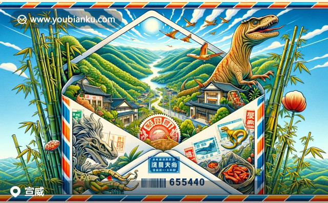 精致郵票下的宣威：竹林、恐龍化石與特色腌肉，背景是壯麗山脈和寧靜天空