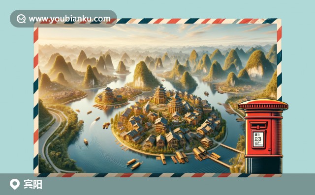 賓陽瑤族服飾、山水風光與壯族竹樓郵局設(shè)計，郵政編碼530400，展現(xiàn)賓陽風情與郵政魅力
