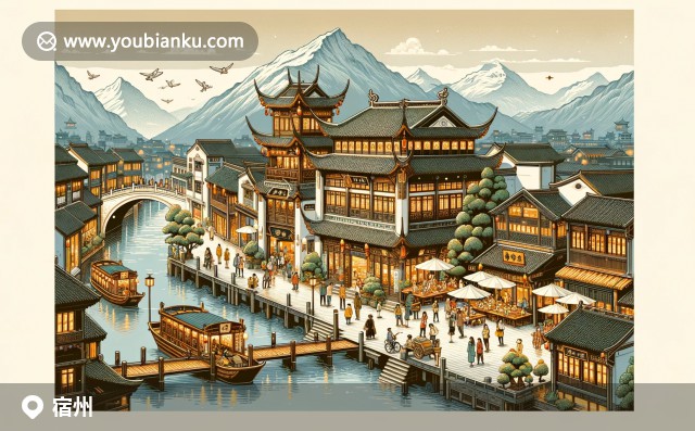 宿州現(xiàn)代插畫展示南翔商業(yè)街、大運河河道與特色美食sa湯，融入埇橋古鎮(zhèn)與運河古城輪廓及中國郵政元素