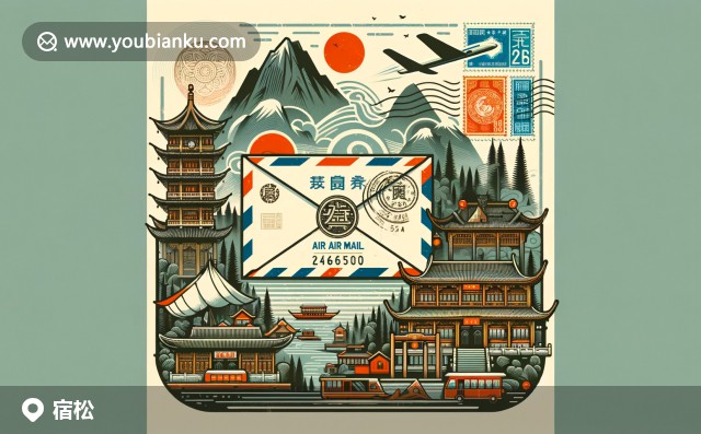 復(fù)古郵票信封，展示黃山古松、徽派建筑和茂塘古鎮(zhèn) - 宿松縣的文化地圖