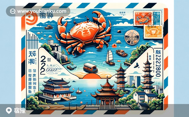 宿豫區(qū)郵票風(fēng)格插圖：洛馬湖，洪澤湖大閘蟹與古塔象征的豐富文化